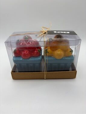 Tag Ceramic Fruit Salt & Pepper Shakers - Red & Yellow with Blue Bases